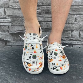 Halloween Elements Print Lace-up Shoes, Casual Breathable Walking Shoes Sneakers For Men, Halloween Footwear