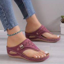 Women's Solid Color Thong Sandals, Slip On Soft Sole Platform Casual Slides, Buckle Belt Summer Wedge Slides