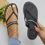 Women's Toe Loop Flat Sandals, Solid Color Ankle Buckle Strap Shoes, Casual Outdoor Beach Sandals