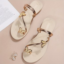 Women's Butterfly Flat Slippers, Fashion Toe Loop Non Slip Backless Slides Shoes, Casual Beach Slippers