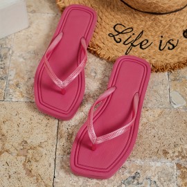 Women's Solid Color Flip Flops, Slip On Square Toe Non-slip Flat Lightweight Minimalist Slides, Outdoor Beach Comfy Shoes