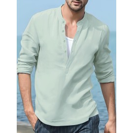 Men's Band Collar Long Sleeve V Neck Henley Shirt - Casual and Comfortable Men's Streetwear