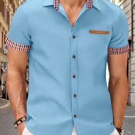 Checkered Men's Short Sleeve Button Down Shirt With Fake Chest Pocket, Summer Outdoor Men's Leisurewear