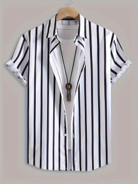 Men's Stylish Stripe Print Short Sleeve Shirt - Casual and Breathable Summer Button Up
