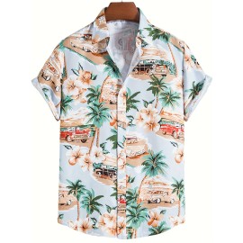 Retro Cat & Coconut Tree Print Men's Casual Short Sleeve Hawaiian Shirt, Men's Shirt For Summer Vacation Resort, Tops For Men, Gift For Men