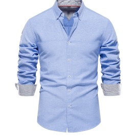 Men's Casual Solid Long Sleeve Oxford Shirt - Comfortable Button Up for Spring and Fall Outdoor Activities