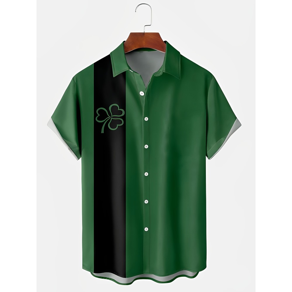 Stylish Clover Print Men's Short Sleeve Shirt - Summer Color Block Design for St. Patrick's Day