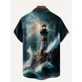 Men's Casual Short Sleeve Lighthouse Print Shirt - Perfect for Summer Vacation and Resort Wear