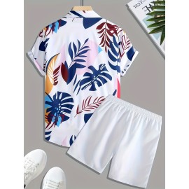 Men's Leaves Pattern Print Short Sleeve Lapel Shirt Top, Male Casual Button Up Shirt For Daily And Vacation Resorts Beach