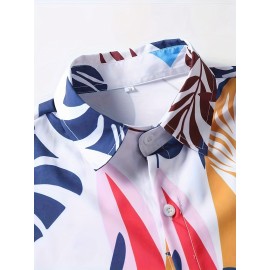 Men's Leaves Pattern Print Short Sleeve Lapel Shirt Top, Male Casual Button Up Shirt For Daily And Vacation Resorts Beach