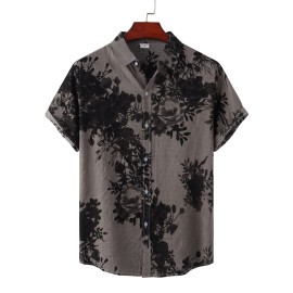 Mens Casual Flowery Pattern Non Stretch Crew Neck Short Sleeve Cotton T-shirt, Male Clothes For Summer