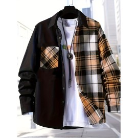 Men's Casual Plaid Pattern Color Block Button Up Shirt - Thin Long Sleeve with Chest Pocket for Summer, Spring, and Fall