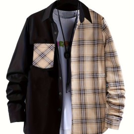 Men's Casual Plaid Pattern Color Block Button Up Shirt - Thin Long Sleeve with Chest Pocket for Summer, Spring, and Fall