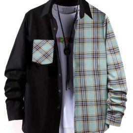 Men's Casual Plaid Pattern Color Block Button Up Shirt - Thin Long Sleeve with Chest Pocket for Summer, Spring, and Fall