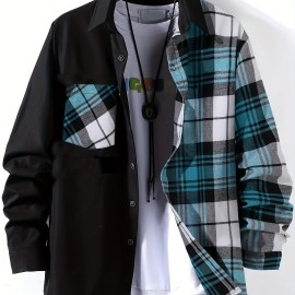 Men's Casual Plaid Pattern Color Block Button Up Shirt - Thin Long Sleeve with Chest Pocket for Summer, Spring, and Fall