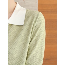 Elegant Polo Neck Top, Cool And Breathable Fabric, Long Sleeve Top For Spring & Fall, Women's Clothing