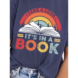 Colorful Letter & Book Print T-Shirt, Short Sleeve Crew Neck Casual Top For Spring & Summer, Women's Clothing