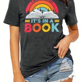 Colorful Letter & Book Print T-Shirt, Short Sleeve Crew Neck Casual Top For Spring & Summer, Women's Clothing