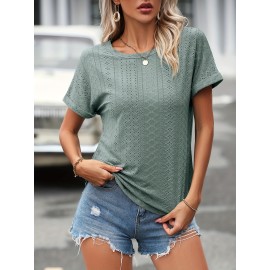 Eyelet Crew Neck T-Shirt, Casual Short Sleeve T-Shirt For Spring & Summer, Women's Clothing