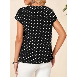 Polka-dot Print Mesh Splicing V-neck Top, Vintage Short Sleeve Top For Spring & Summer, Women's Clothing