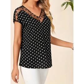 Polka-dot Print Mesh Splicing V-neck Top, Vintage Short Sleeve Top For Spring & Summer, Women's Clothing