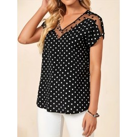 Polka-dot Print Mesh Splicing V-neck Top, Vintage Short Sleeve Top For Spring & Summer, Women's Clothing