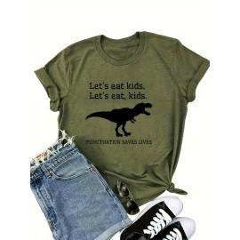 Dinosaur Print Crew Neck T-shirt, Casual Short Sleeve Top For Spring & Summer, Women's Clothing