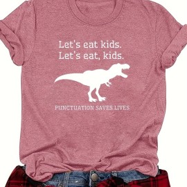 Dinosaur Print Crew Neck T-shirt, Casual Short Sleeve Top For Spring & Summer, Women's Clothing