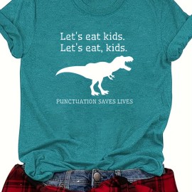 Dinosaur Print Crew Neck T-shirt, Casual Short Sleeve Top For Spring & Summer, Women's Clothing