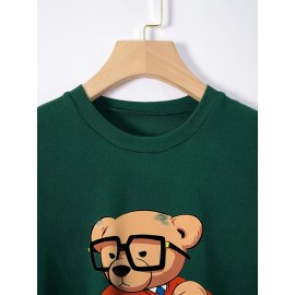 Bear Print T-shirt, Short Sleeve Crew Neck Casual Top For Summer & Spring, Women's Clothing