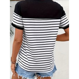 Heart & Striped Print Crew Neck T-Shirt, Casual Short Sleeve T-Shirt For Spring & Summer, Women's Clothing ,Valentine's Day