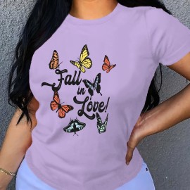 Butterfly & Letter Print T-Shirt, Casual Crew Neck Short Sleeve T-Shirt For Spring & Summer, Women's Clothing