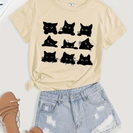 Cartoon Cats Print T-Shirt, Short Sleeve Crew Neck Casual Top For Summer & Spring, Women's Clothing