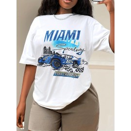 Car Graphic Print T-shirt, Casual Crew Neck Short Sleeve Summer T-shirt, Women's Clothing