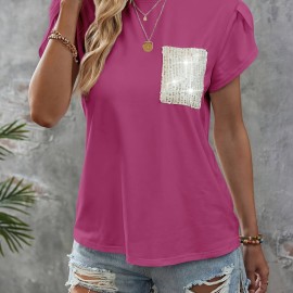 Sequin Decor Crew Neck T-Shirt, Casual Petal Sleeve Top For Spring & Summer, Women's Clothing