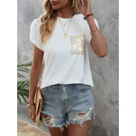 Sequin Decor Crew Neck T-Shirt, Casual Petal Sleeve Top For Spring & Summer, Women's Clothing