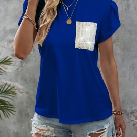 Sequin Decor Crew Neck T-Shirt, Casual Petal Sleeve Top For Spring & Summer, Women's Clothing