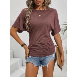 Solid Crew Neck T-shirt, Elegant Short Sleeve Ruched Top For Spring & Summer, Women's Clothing