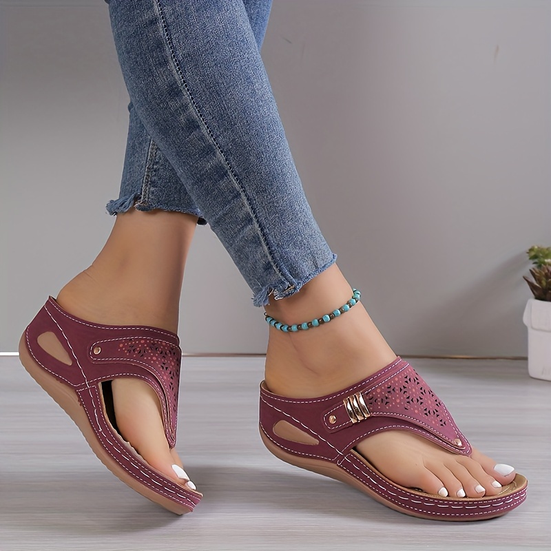 womens solid color thong sandals slip on soft sole platform casual slides buckle belt summer wedge slides details 3