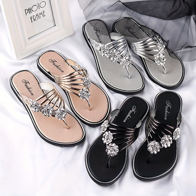 Women s Solid Color Glitter Thong Sandals, Rhinestone Floral Decor Lightweight Slip On Flats, Summer Vacation Beach Slides details 1