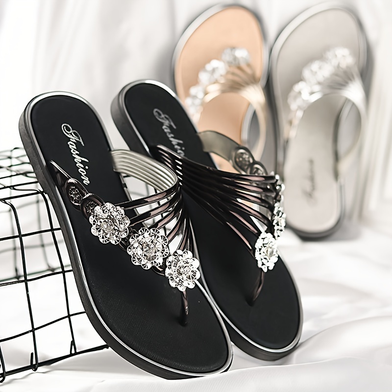 Women s Solid Color Glitter Thong Sandals, Rhinestone Floral Decor Lightweight Slip On Flats, Summer Vacation Beach Slides details 5