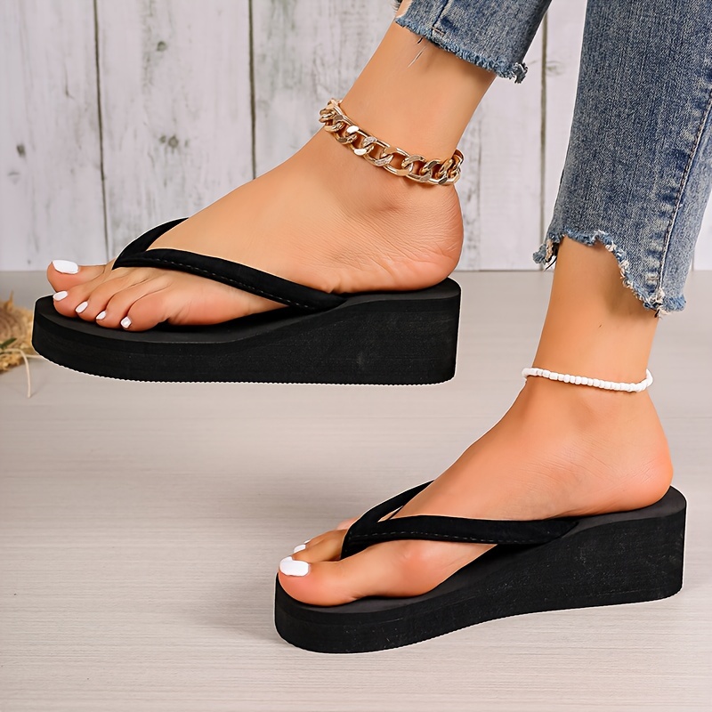 womens solid color flip flops casual clip toe summer shoes comfortable platform beach shoes details 1