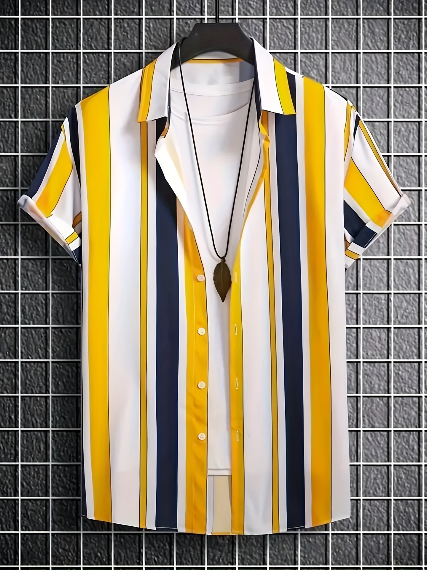 color block stripe pattern print mens short sleeve button up lapel shirt for summer resort holiday hawaiian style details 1