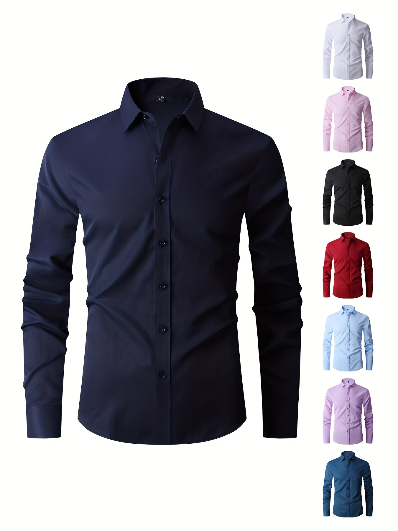 solid color mens business slim fit long sleeve button up shirt spring fall formal wear gift for men details 14