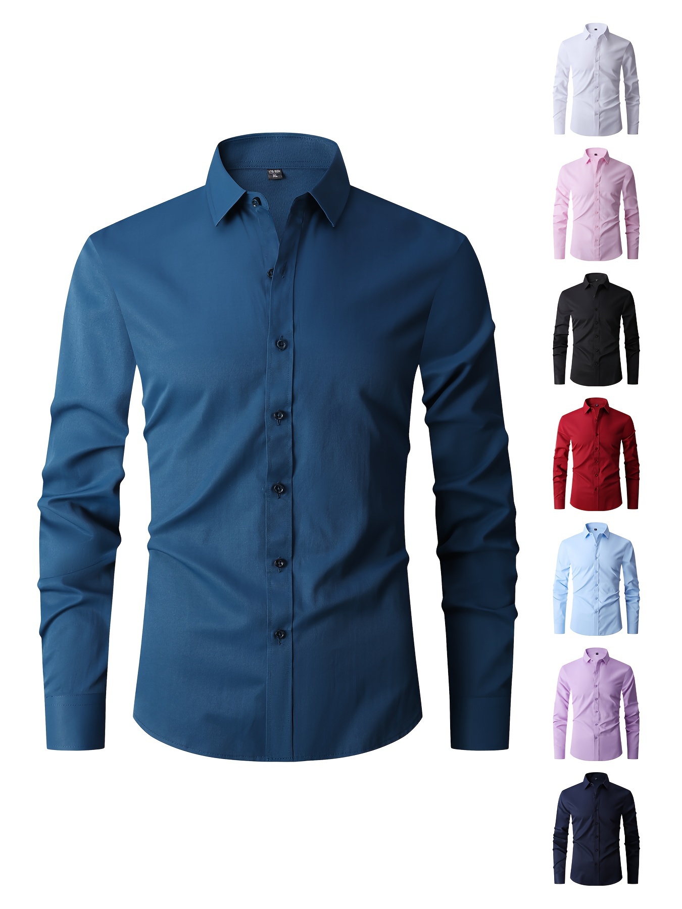 solid color mens business slim fit long sleeve button up shirt spring fall formal wear gift for men details 21