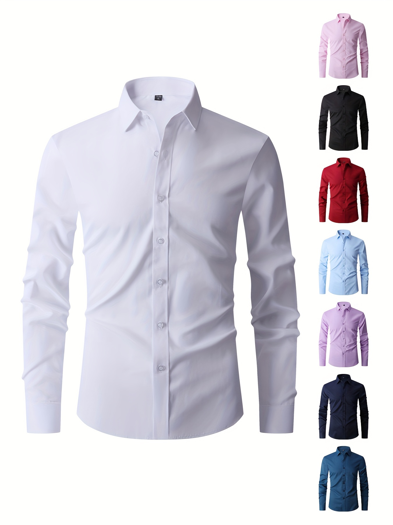 solid color mens business slim fit long sleeve button up shirt spring fall formal wear gift for men details 35