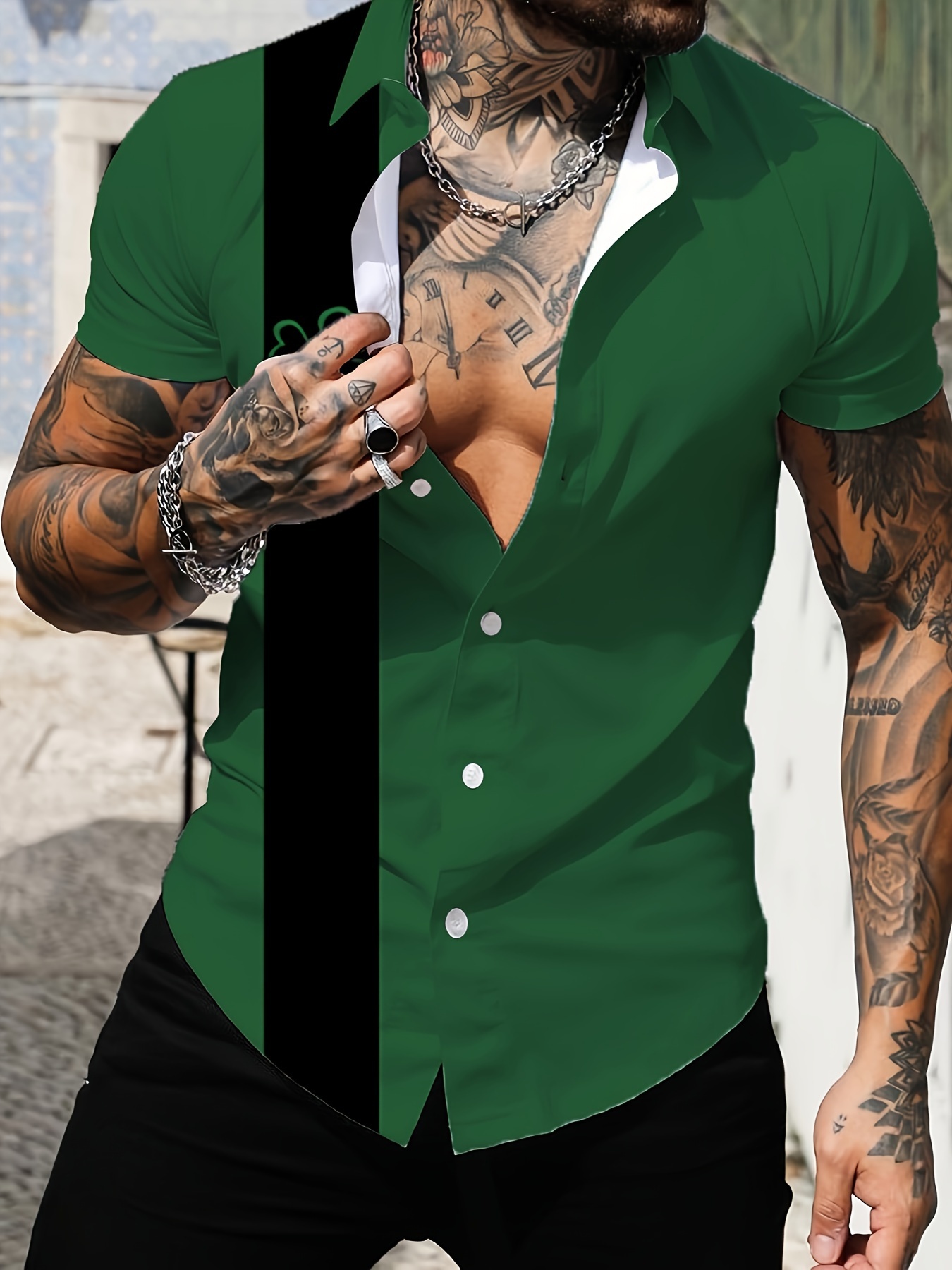 clover print mens fashion short sleeve lapel shirt mens summer color block shirt st patricks day themed clothing details 0