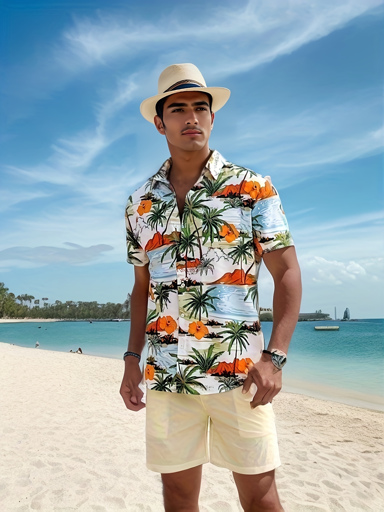 mens beach scenery button up short sleeve hawaiian shirt for summer vacation resort mens shirt details 3