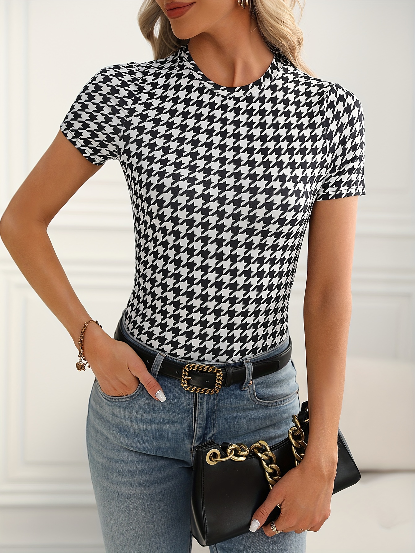 plaid print mock neck t shirt casual short sleeve t shirt for spring summer womens clothing details 4