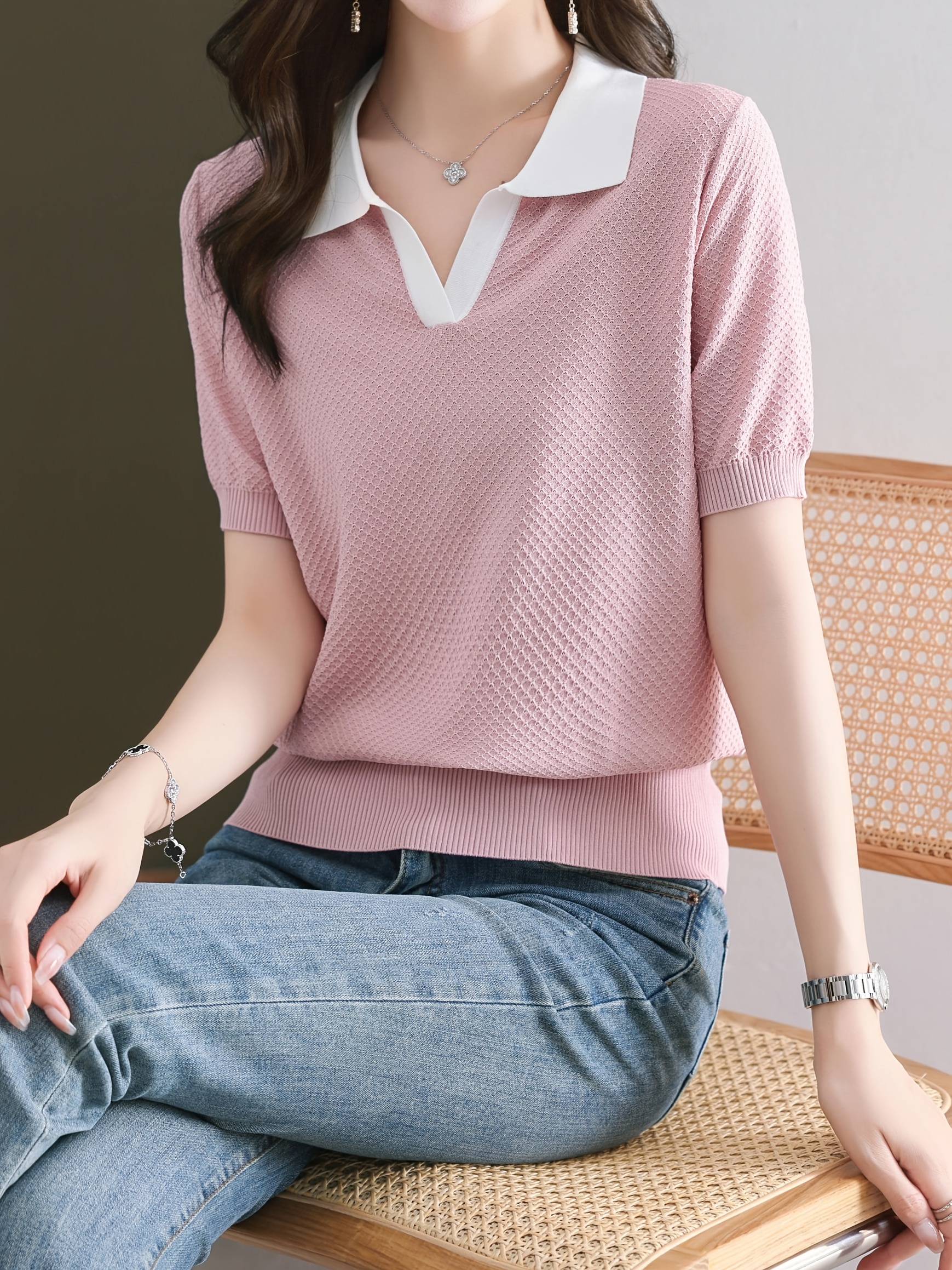 solid polo neck t shirt casual contrast trim short sleeve t shirt for spring summer womens clothing details 10